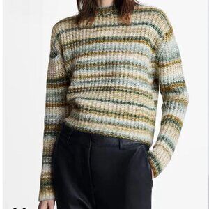 MANGO Green & Cream Striped Round Neck Sweater Sz M
